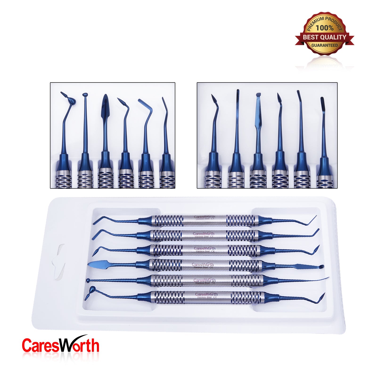 Dental Composite Filling Instruments, Resin Filling Spatula, Titanium Plated Set of 6 (Blue and Silver)